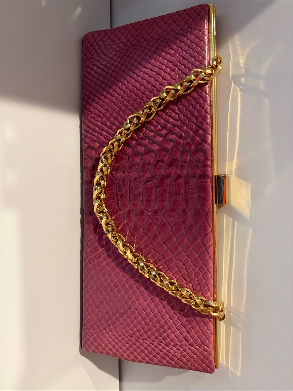 Hype Magenta Snakeskin Clutch with Gold Chain